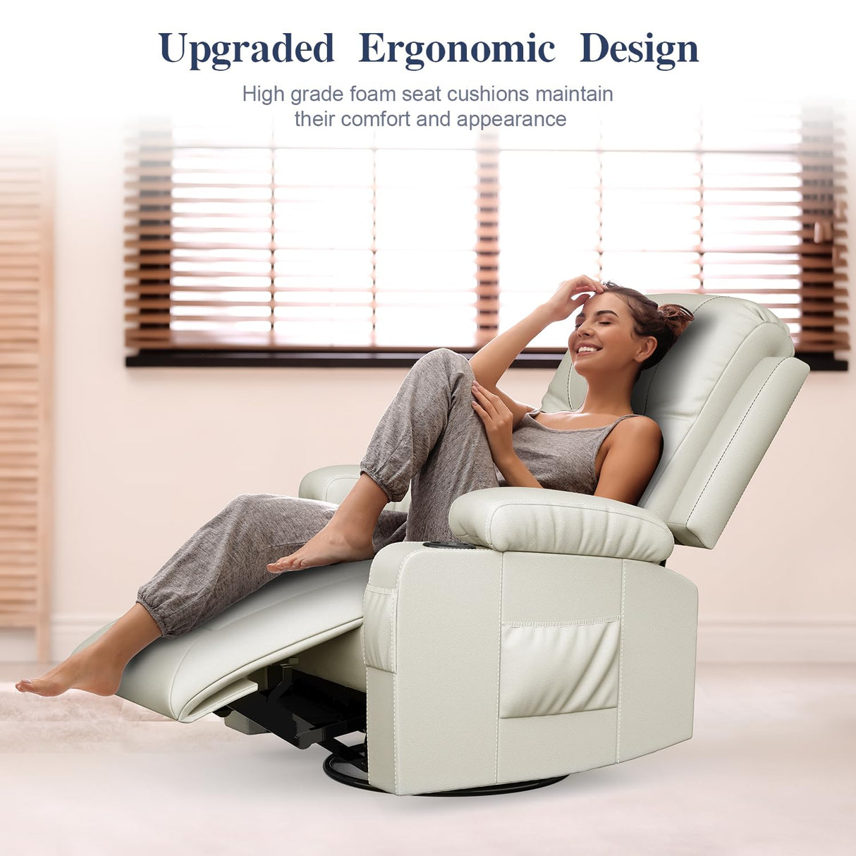 FURNIMAT Recliner Chairs for Adults, Massage Rocker with Heated Modern Ergonomic Lounge 360 Degree Swivel Single Sofa Seat Living Room Lounge Recliners Ivory White FURNIMAT