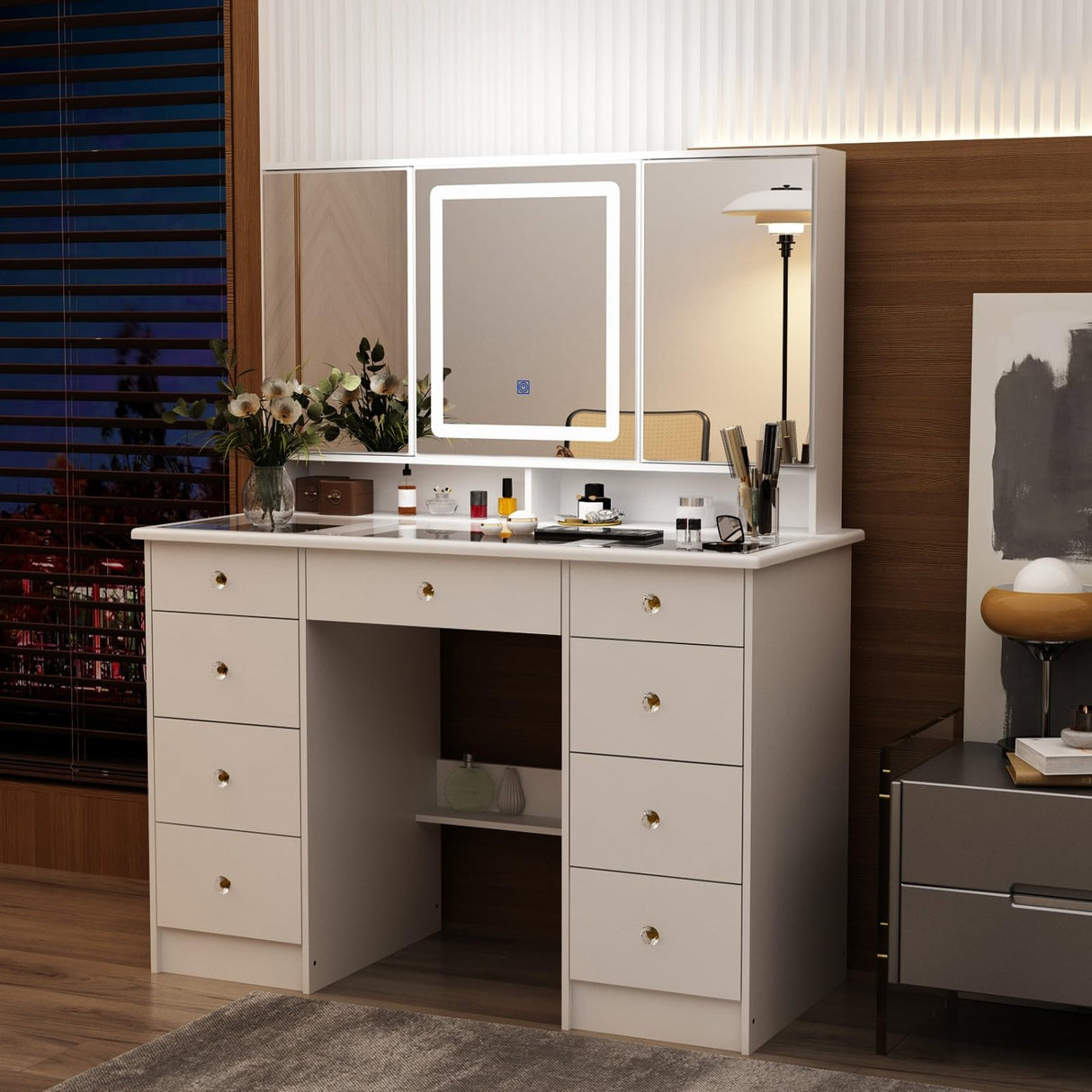 MOUMON Large Vanity Desk with Open Mirror and Glass Tabletop, Vanity Desk with Mirror and Lights, Drawers and Shelves, Crystal Handles, Cushion Stool not Included, White (43.3”W x 19.7”D x 53.6”H) MOUMON