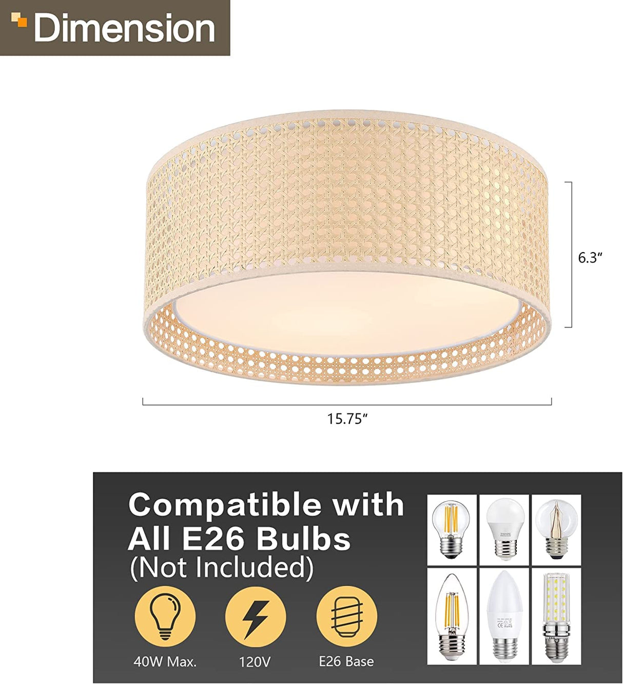 WINGBO 15.7" Modern 3-Light Flush Mount Ceiling Light Fixture with Rattan & Fabric Double Drum Shade for Bedroom Living Room Dining Room Hallway Entryway, Khaki WINGBO