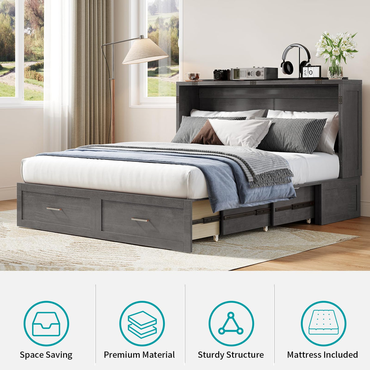 BALUS Murphy Bed Queen Size, Convertible Cabinet Bed with Tri-Fold Mattress and USB Charging Station, Foldable Night Stand Trays, Storage Drawer, Space Saving - Grey BALUS