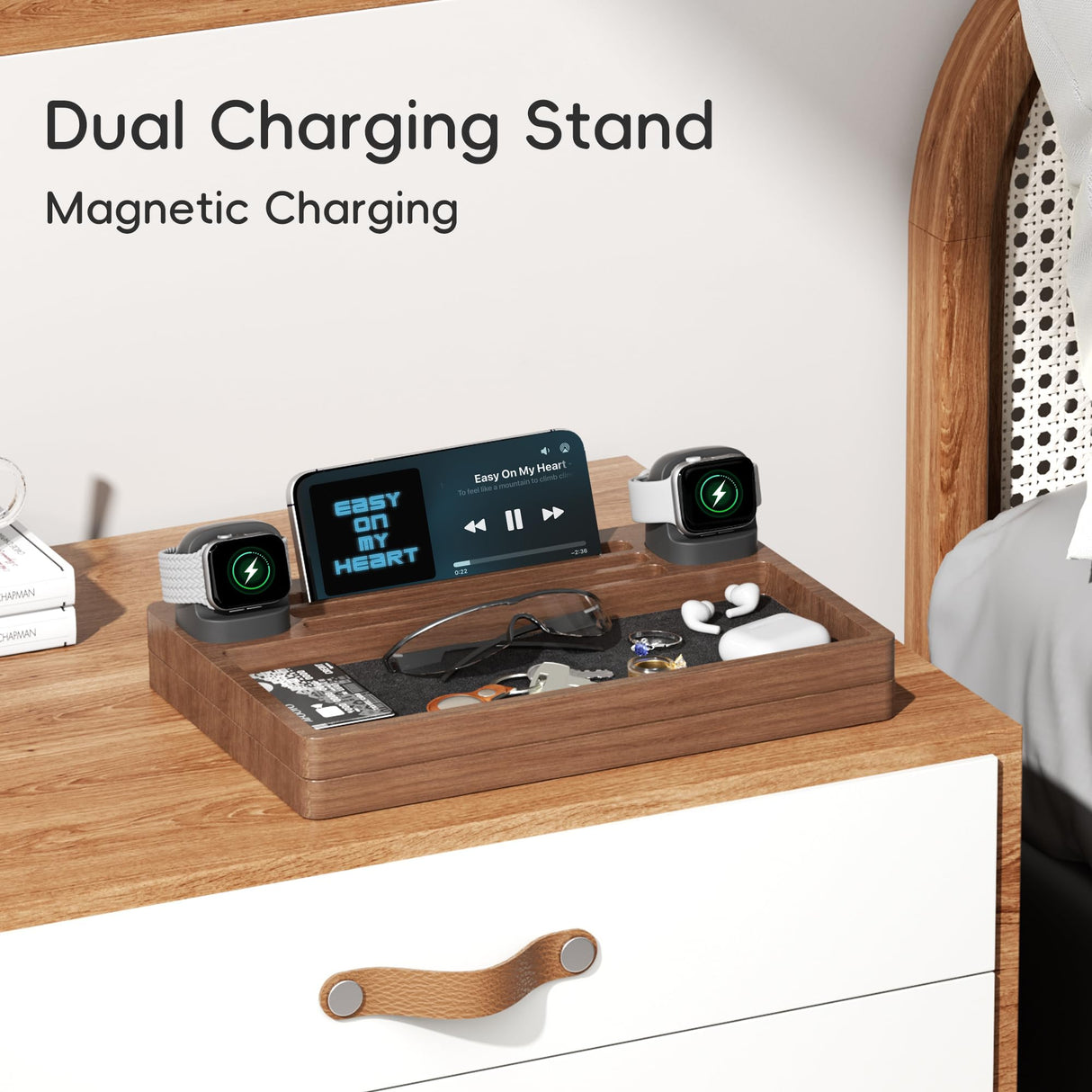 AFOOYO 2 Tier Wood Watch Band Organizer - Charger Stand Compatible with All Apple Watch Series and Stackable Bands Display Watches Storage Case Tray(Walnut) AFOOYO