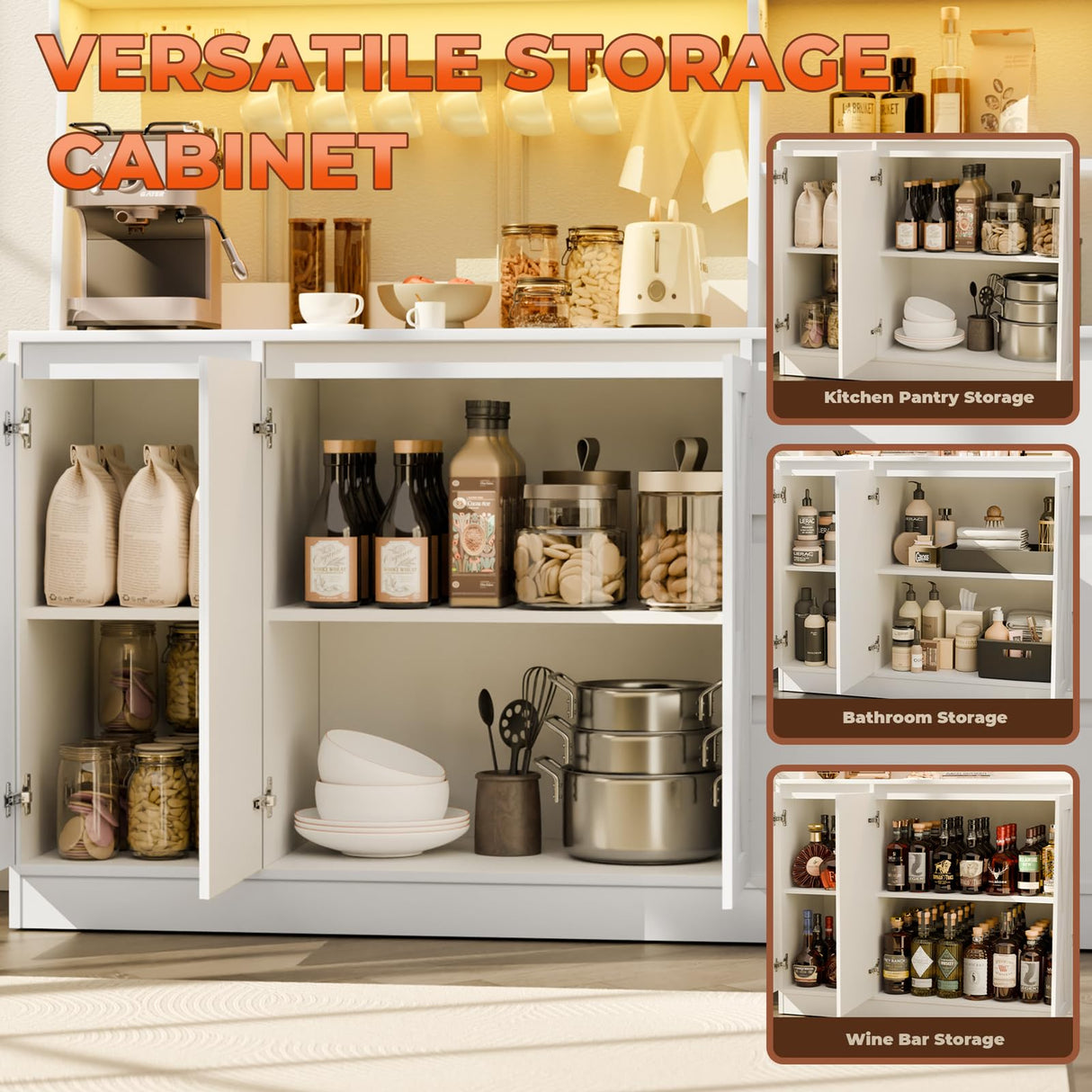 Gyfimoie Farmhouse Kitchen Pantry Cabinet with Power Outlet & LED Light, Large Coffee Bar Cupboard with Microwave Stand, 3 Doors & 3 Drawers, 7 Cup Holders & 8 Open Cubbies, Adjusted Shelves (White) Gyfimoie