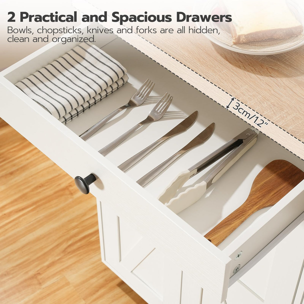 HOOBRO 43.3 Inch Kitchen Island with Charging Station, Rolling Kitchen Island with Storage, Kitchen Island Cart with Spice Rack and Hooks, for Kitchen, Living Room, White and Natural WN11UZD01 HOOBRO