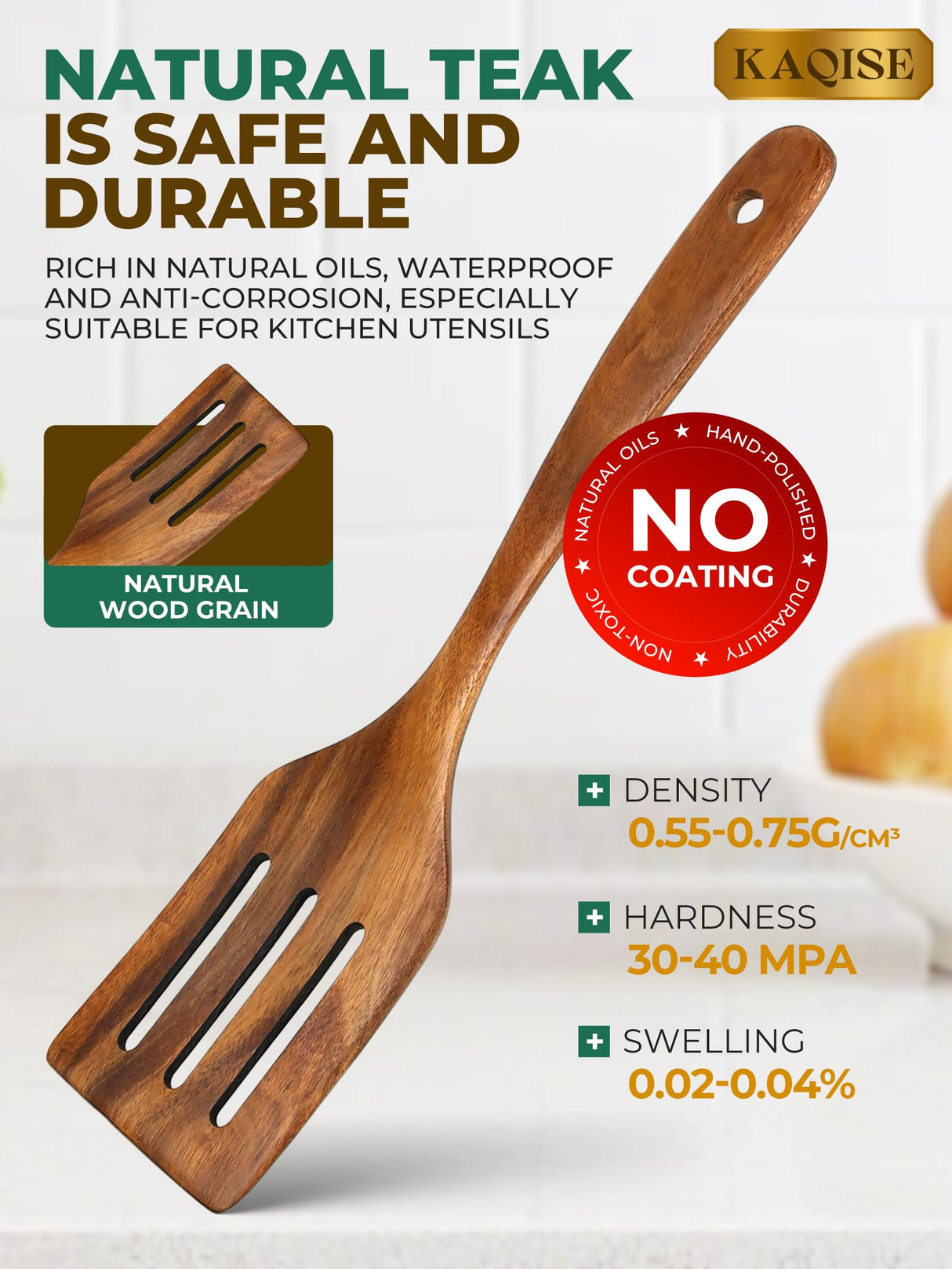 Wooden Spatula for Cooking, Natural Teak Wood Utensils including Frying Flat Spatula Turner, Wooden Kitchen Utensils Set (4Pcs) KAQISE