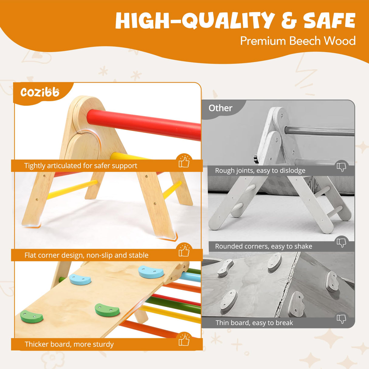 CoziBB Pikler Triangle Set, Montessori Toddler Climbing Toys Indoor, 5 in 1 Wooden Foldable Climbing Set with Arch Ramp, Triangle Climber, Pikler Triangle Gym Inside for Kids 2-4, Rainbow CoziBB