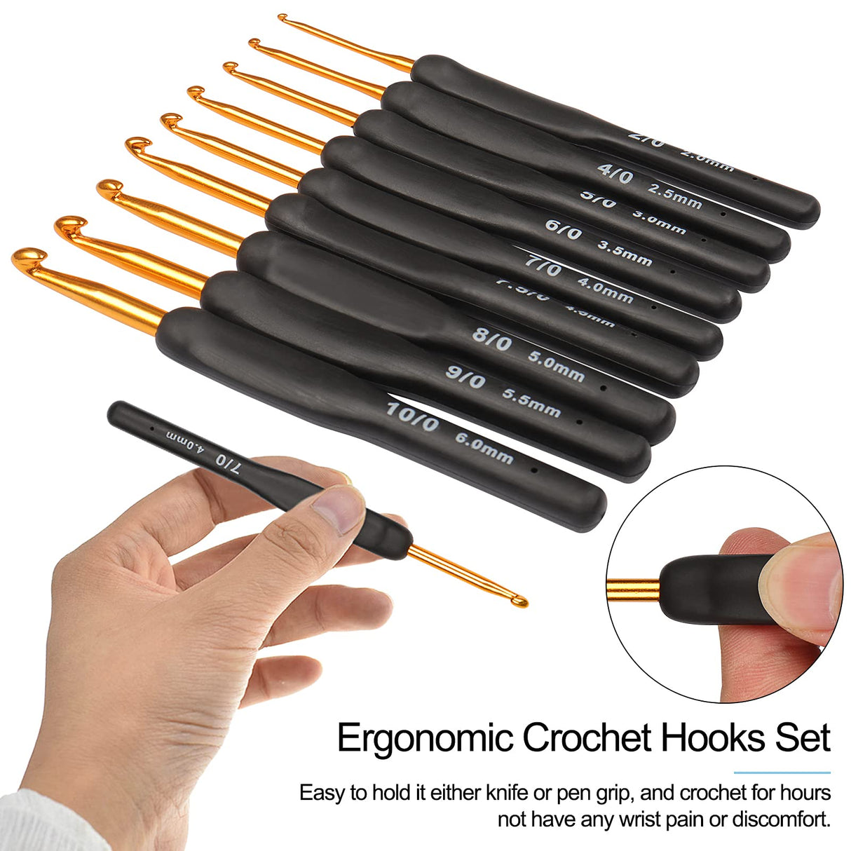 Coopay Black Gold Crochet Hooks Needles for Arthritic Hands, 2.0-6.0mm Crochet Hook Set Ergonomic Soft Grips Knitting Hook for Crochet Yarn Craft, Aluminum Knitting Crochet Supplies Kit for Knitter Coopay