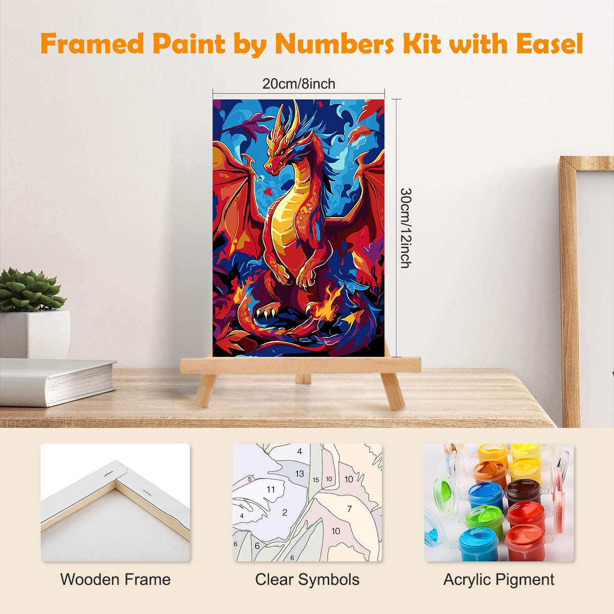 MOGTAA Dragon Paint by Numbers Kit for Adults Beginners with Frame, Animal Adult Paint by Number Kits on Canvas with Easel, Easy DIY Oil Painting Kits for Home Decor, 8x12in MOGTAA