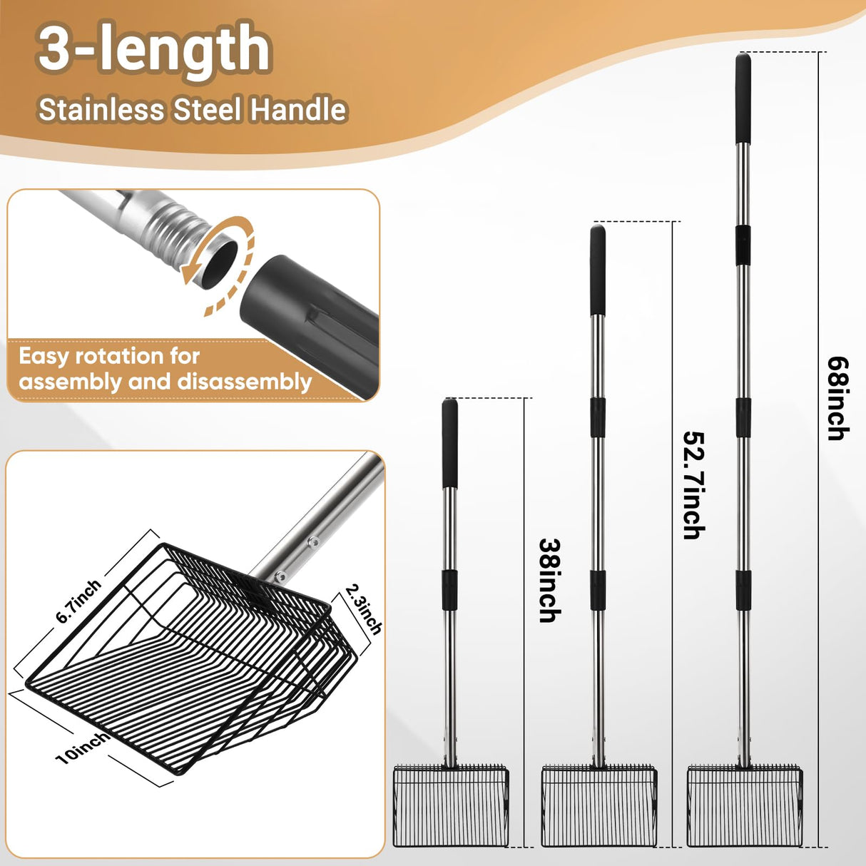 10inch Large Metal Chicken Poop Scooper, 24 to 68" Long Chicken Coop Litter Scoop with Stainless Steel Handle, 4 in 1 Multifunctional Heavy Duty Litter Sifting Shovel Chicken Coop Accessories CAROD