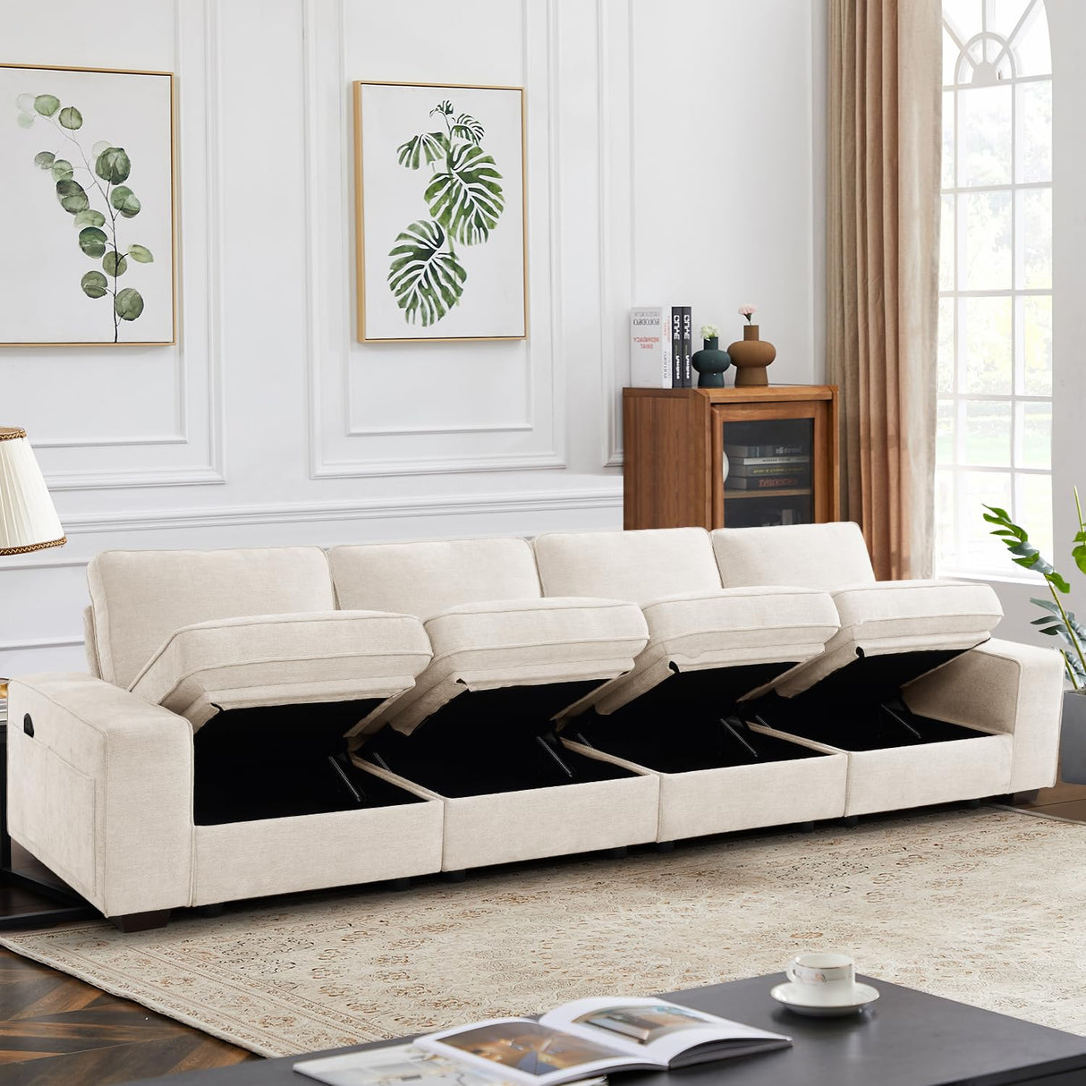 PARKOL 128" Modular Sofa Couch with Large Seats Storage, Chenille Sofa, Modern Comfy 4-Seater Couch for Living Room, Office, Apart, Wide Armrest, Side Pockets, USB Port, Removable Cover PARKOL