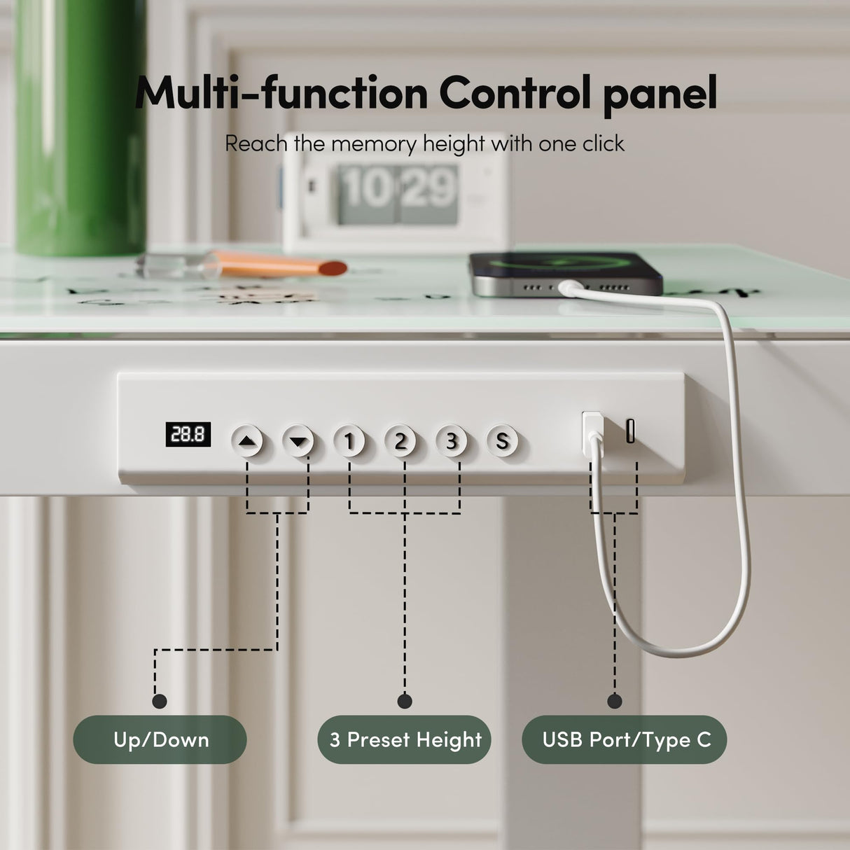 FEZIBO 48 × 24 Electric Standing Desk with Drawers, Whole-Piece Glass Adjustable Height Desk, One-Piece Quick Install Adjustable Sit Stand Desk, White FEZIBO