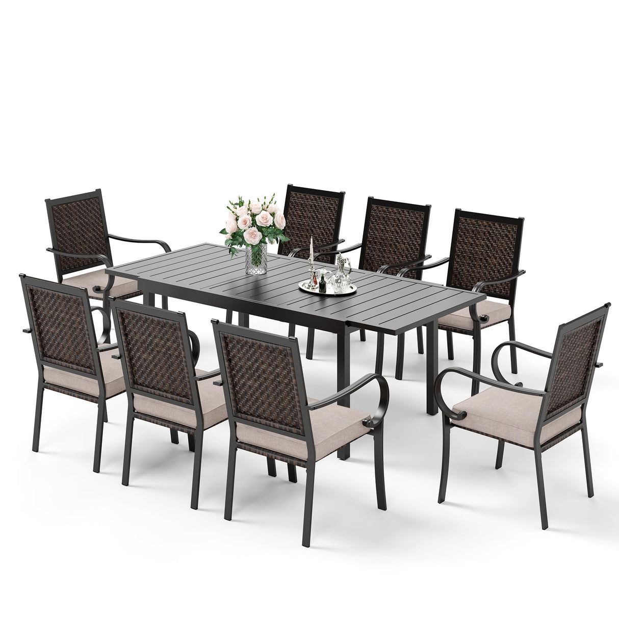 HERA'S HOUSE 9 Pieces Wicker Patio Dining Set, 8 x Rattan Dining Chair, 1 x Extendable Metal Dining Table, All Weather Resistant Outdoor Furniture Set for 8 for Lawn Garden Backyard HERA'S HOUSE