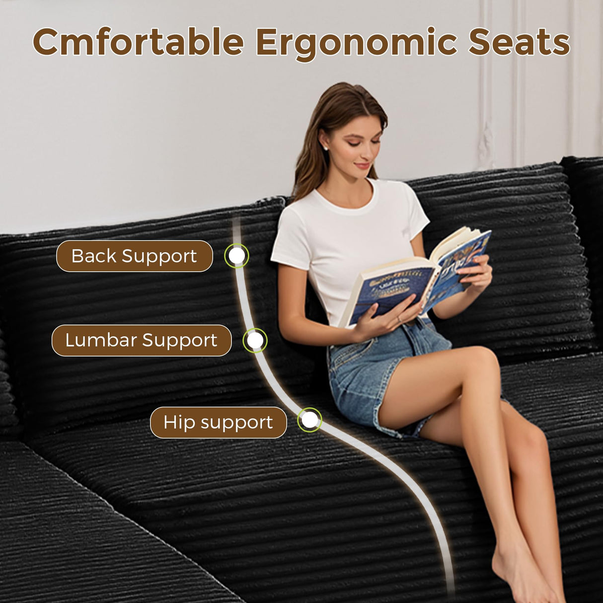 133" Oversized Cloud Boneless Sofa Couch with Chaise, Modern Corduroy U Shaped Modular Sectional Sofa with Deep Seat, Comfy Couch with Cupholders and Storage, No Assembly Required-Black VYNELITO