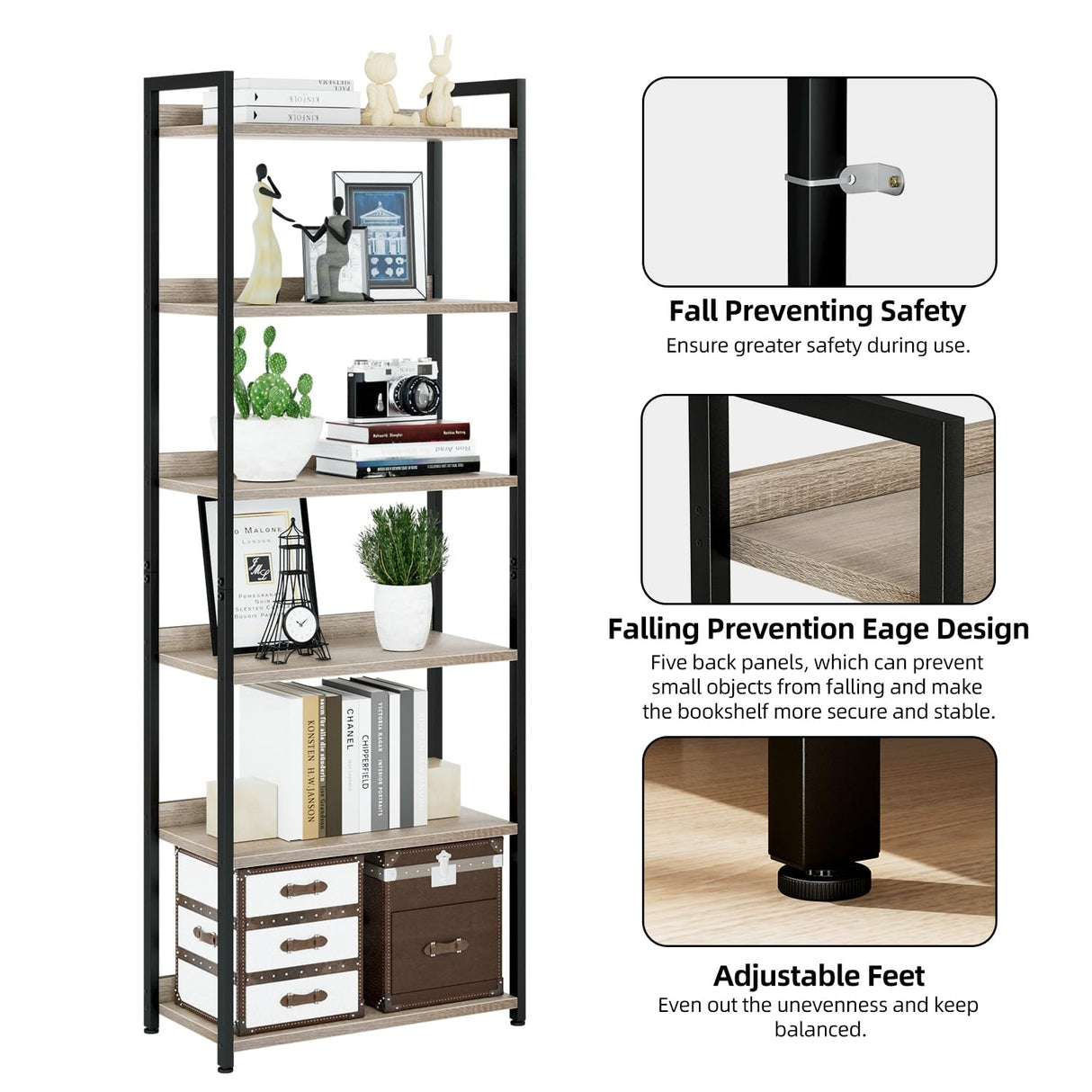 NUMENN Bookshelf, 6 Tier Bookshelves, Home Office Bookcase Shelf Storage Organizer, Free Standing Storage Shelving Unit for Bedroom, Living Room and Home Office, Grey NUMENN