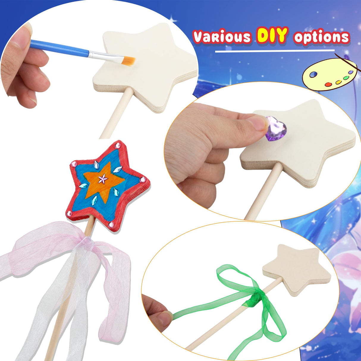 57 Pcs Make Your Own Wooden Princess Wand DIY Fairy Wands Kit Include 20 Pcs 3D Wooden Star Wands 5 Gem Stickers 20 Ribbons 12 Painting Props for Painting Crafts Birthday Party Supplies Holiday Gifts Plukeen
