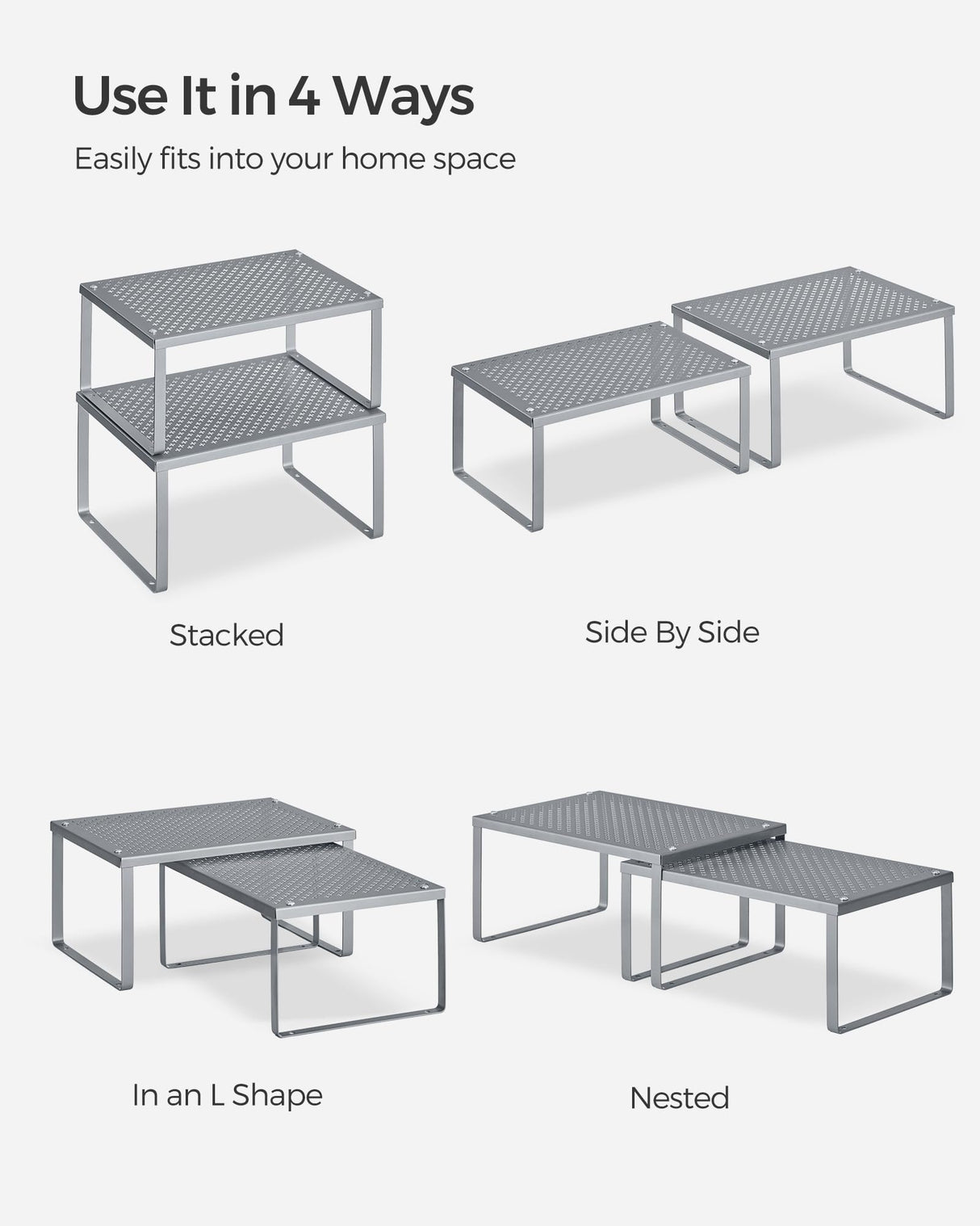 SONGMICS Spice Racks, Set of 2 Metal Cabinet Shelf Organizers, Countertop Organizers, Shelf Risers, Stackable, Expandable, Silver UKCS01SV SONGMICS