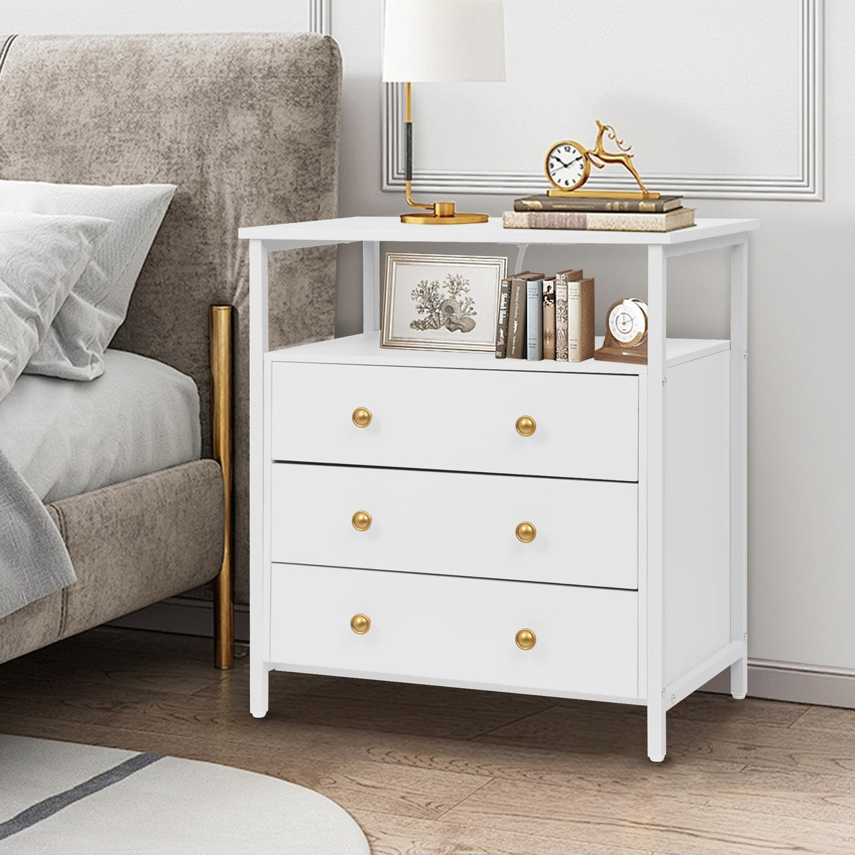 Edbuosy 3 Wooden Drawers Night Stand, 27 Inch Wide Nightstand with Charging Station and Adjustable Drawers, Small Dresser for Closet, Bedside Table for Living Room/Bedroom/Office, White. Edbuosy
