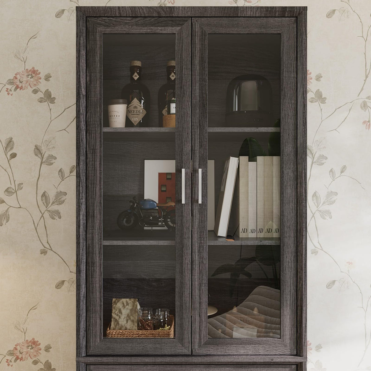 FAMAPY Display Cabinet with 2 Glass Doors, Display Case with Shelves & Drawer for Curio Trophy, Farmhouse Storage Cabinet for Living Room Home Office, Black, 15.7”D x 31.5”W x 79.9”H FAMAPY