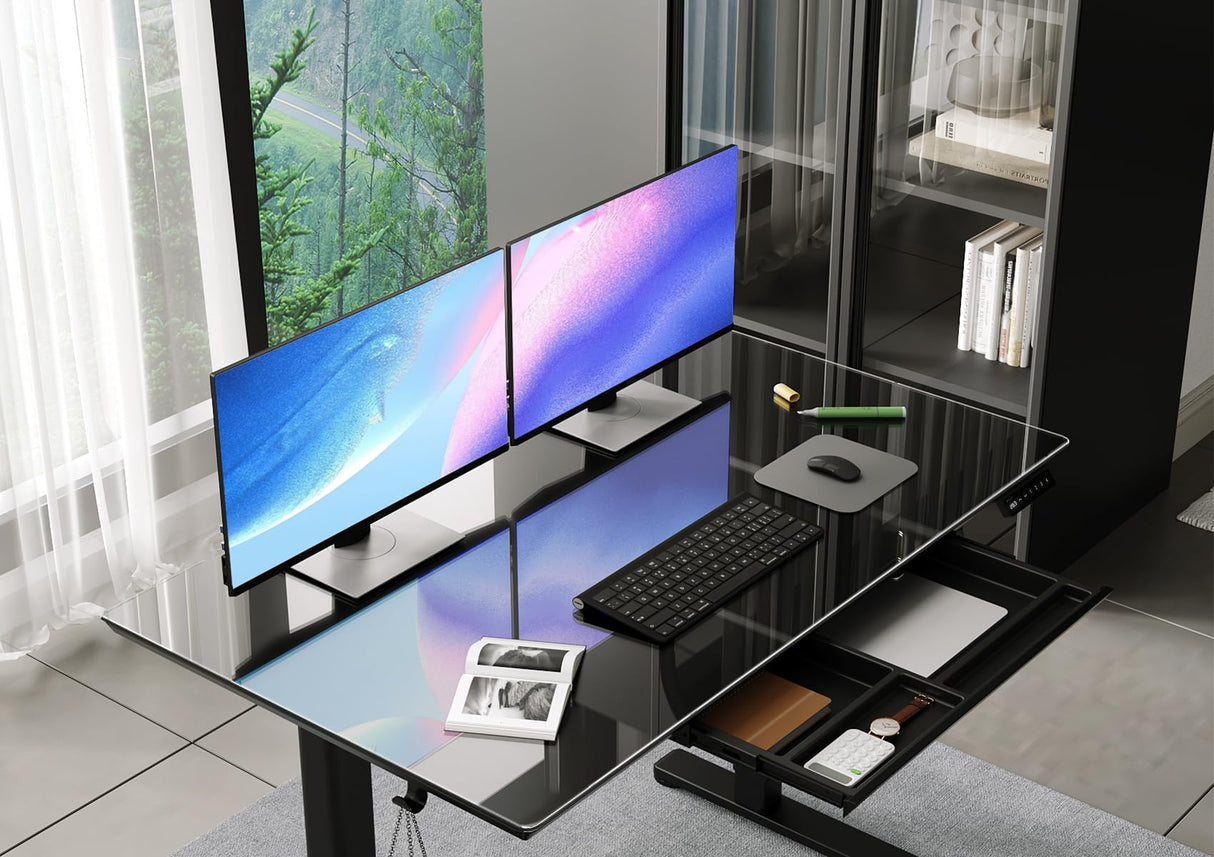 INNOVAR Glass Standing Desk with Drawers, 48×24 Inch Adjustable Stand Up Desk, Quick Install Home Office Computer Desk, Black INNOVAR