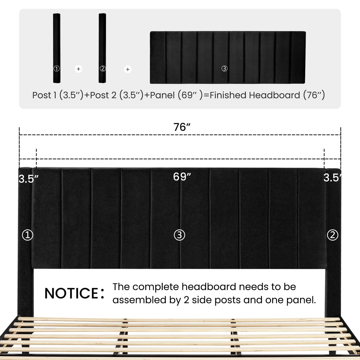SHA CERLIN King Bed Frame/Velvet Upholstered Platform Bed Frame with Headboard/Strong Wood Slats Support/Mattress Foundation/No Box Spring Needed - Black SHA CERLIN