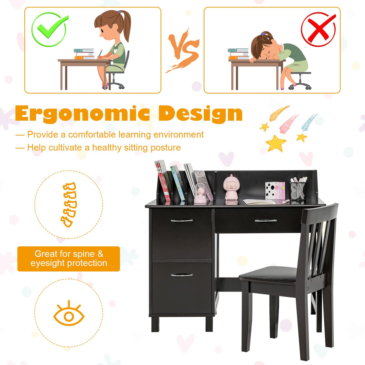HONEY JOY Kids Desk and Chair Set, Wooden Children School Study Table and Chair w/Drawer, Storage Shelf & Cabinets, Student Computer Workstation Writing Desk for Bedroom, 3-8 Years Old (Dark Brown) HONEY JOY