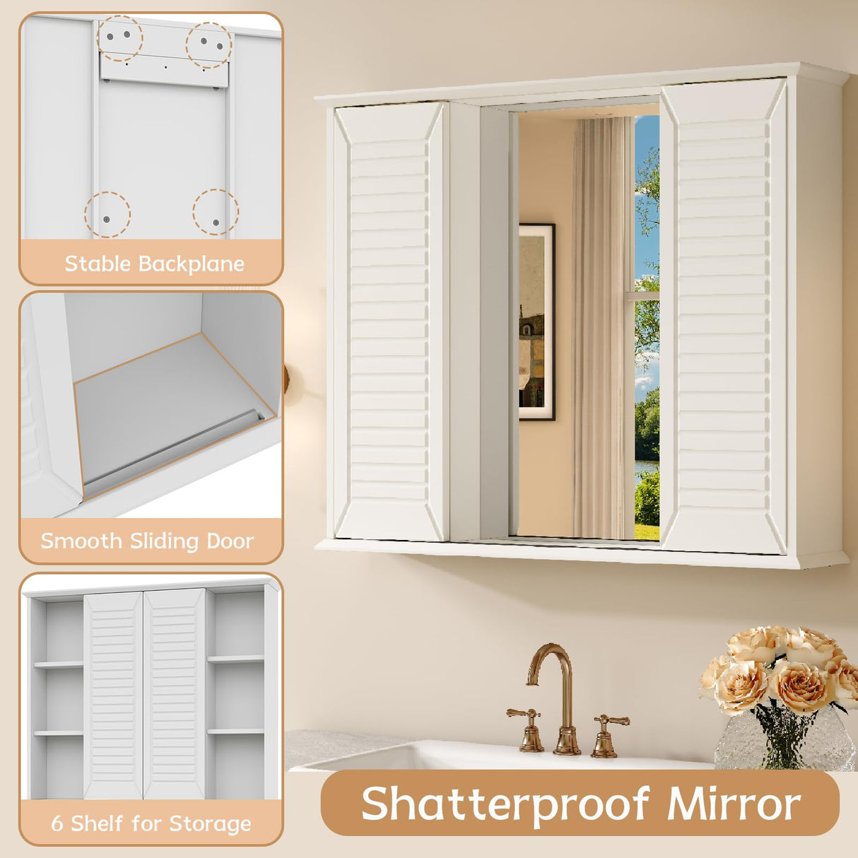 FFBCFDK Bathroom Medicine Cabinet Mirror 28.3 x 23.8 inch Bathroom Mirror with Storage Wall Mounted Medicine Mirror Cabinet Wood Organizer with 2 Door Surface Mount Farmhouse Storage Cabinet FFBCFDK