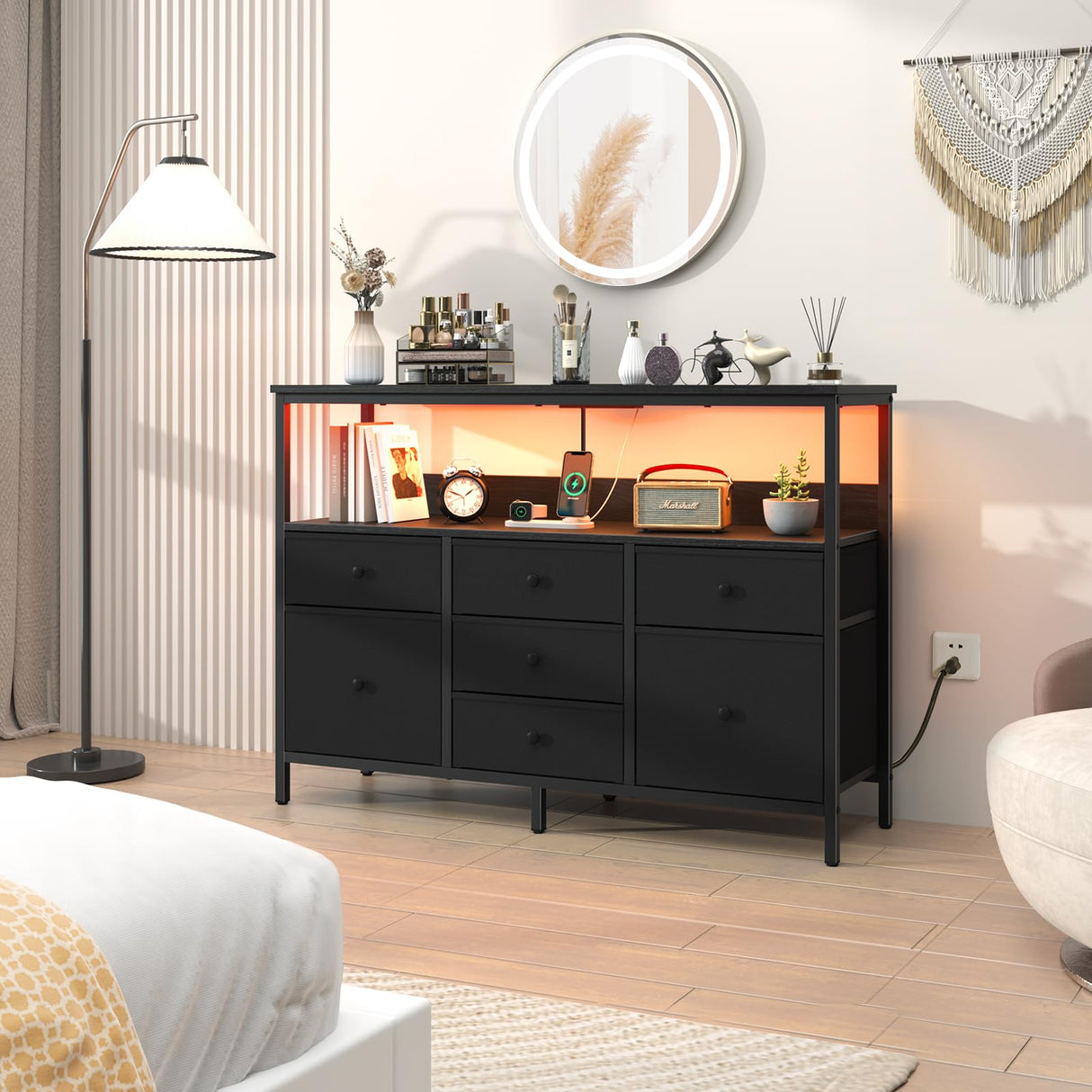 Yoobure TV Stand Dresser for Bedroom, 7 Fabric Drawers Entertainment Center, LED Dressers with Power Outlets, TV Stands for Living Room with Storage Shelf, TV Console Entertainment Stand up to 50" TV Yoobure