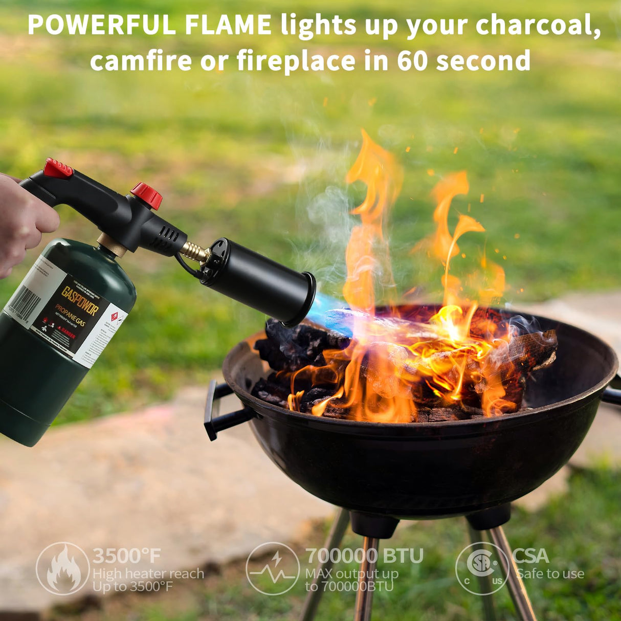 POWERFUL Grill Torch Charcoal Torch Lighter, Campfire Starter,Sous Vide,Kitchen torch,Grill & Cooking Propane Torch included a Meat Thermometer Kit for Charcoal Starter, BBQ Searing(Fuel Not Included) GASPOWOR
