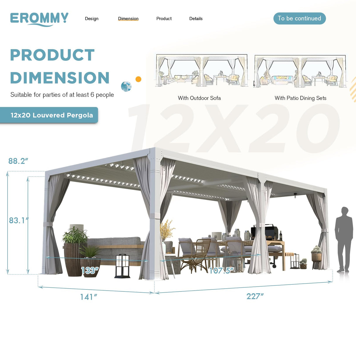 EROMMY 12x20FT Louvered Pergola Outdoor Sun Shade Shelter with Aluminum Frame and Adjustable Metal Rainproof Roof for Garden & Patio, Curtains and Netting Included, White EROMMY
