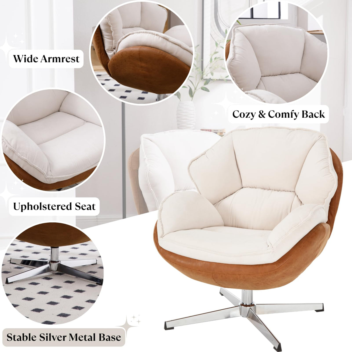 Ya-Home Modern Swivel Accent Chair, Chenille Upholstered Leisure Chair with Cozy Seat Silver Metal Base, Comfy Lounger Armchair Recliner Chair for Living Room Bedroom, 1PC, Beige Ya-Home