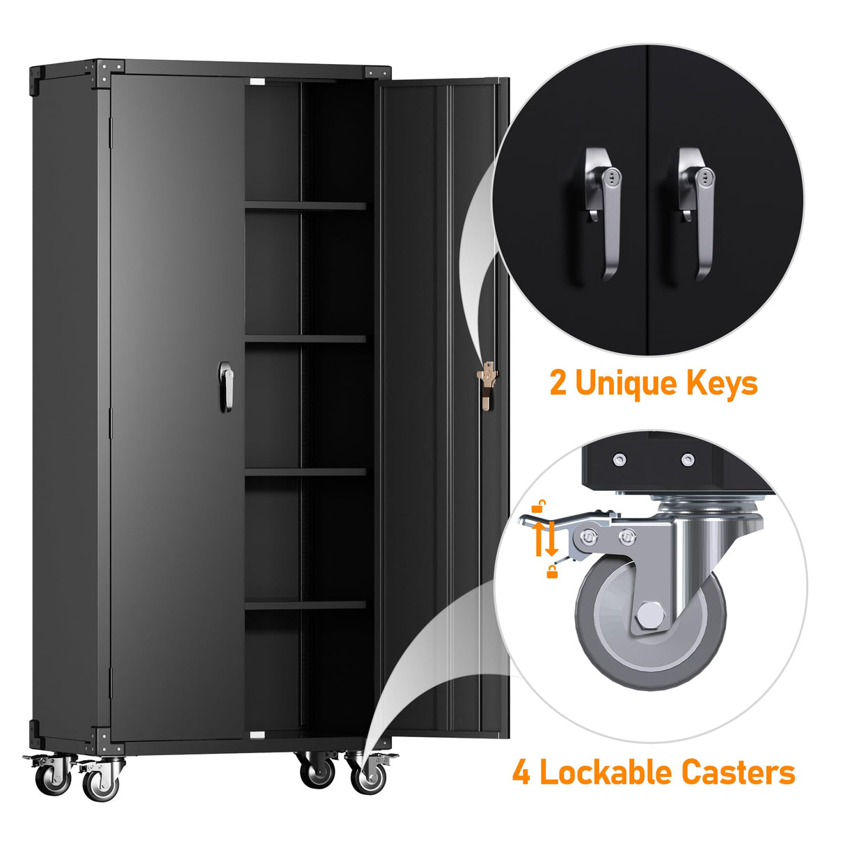 SUXXAN 72" Black Metal Storage Cabinets with Wheels and 4 Adjustable Shelves, Lockable Rolling Cabinet Black, Home Office Metal Utility Cabinet for Garage Kitchen, Assembly Required SUXXAN