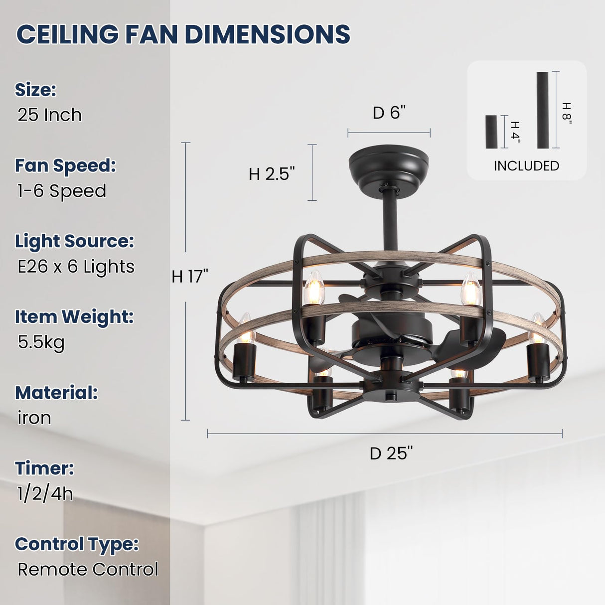 NOXARTE Cage Ceiling Fan with Light, Vintage Fandelier Remote Control, Bladess Industrial Chandelier Ceiling Fan Reverse Motor for Living Dining Room Bedroom Dia 25 Inch NOXARTE