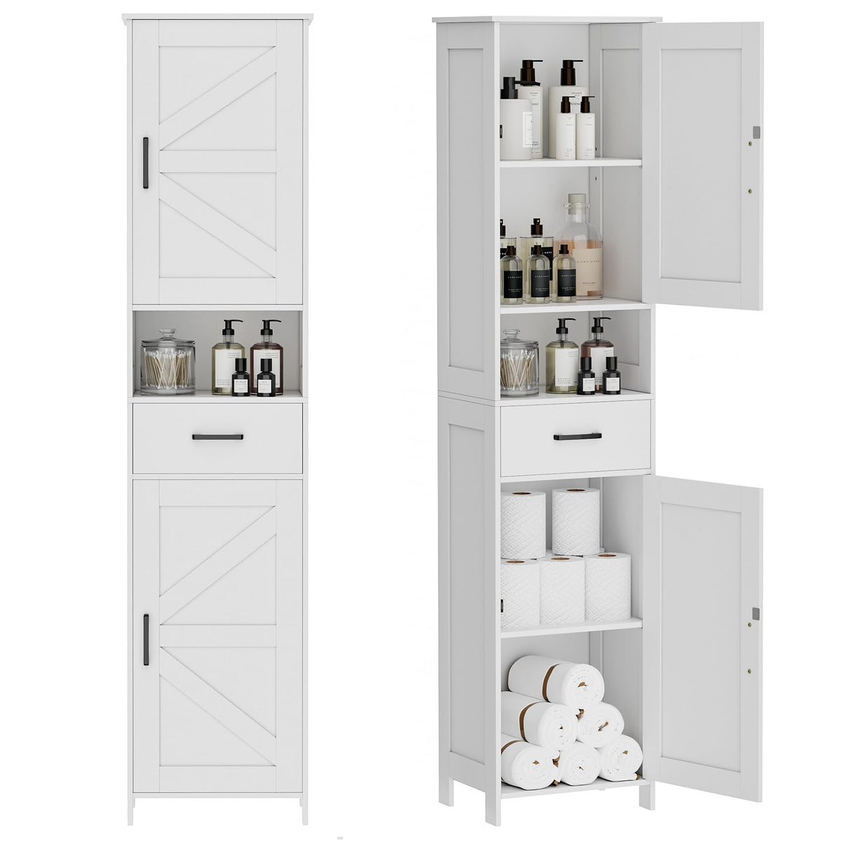 Homhedy 67" H Tall Bathroom Storage Cabinet with 2 Barn Doors and 1 Drawer, Narrow Storage Unit, Adjustable Shelves, Floor Cabinet for Bathroom, Living Room, Entryway, Kitchen, White, (15.7" W) Homhedy
