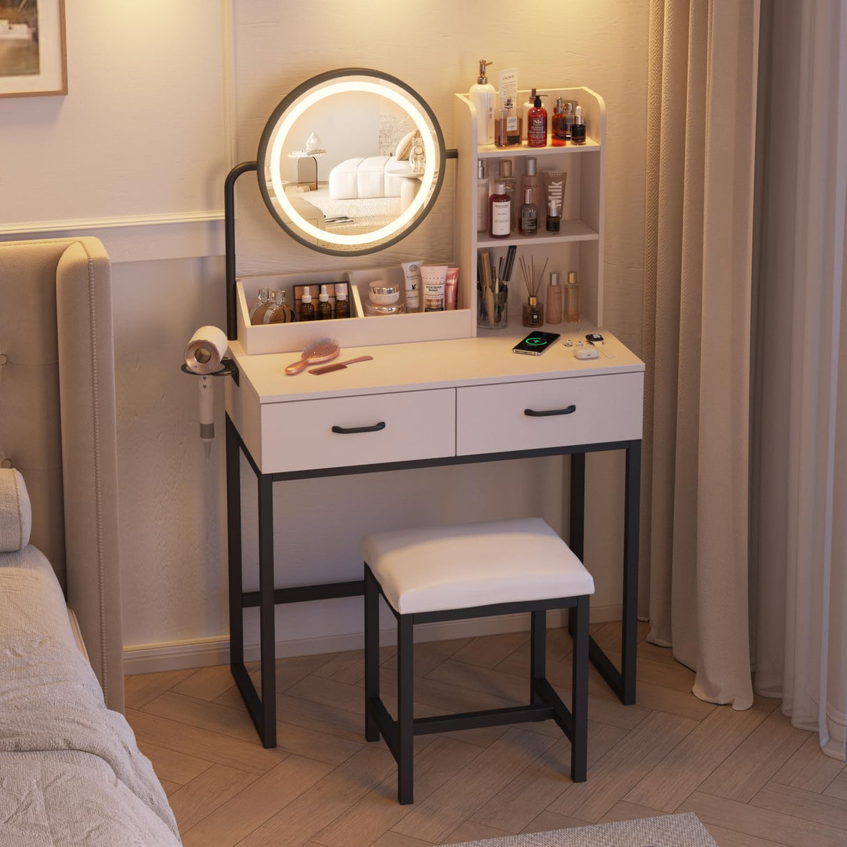 Fameill Makeup Vanity Desk with Lights and Round Mirror, White and Gold Vanity Makeup Table, Small Vanity Set Make Up Vanity with Lots Storage, 3 Lighting Modes, 31.5in(W)… (Traditional) Fameill