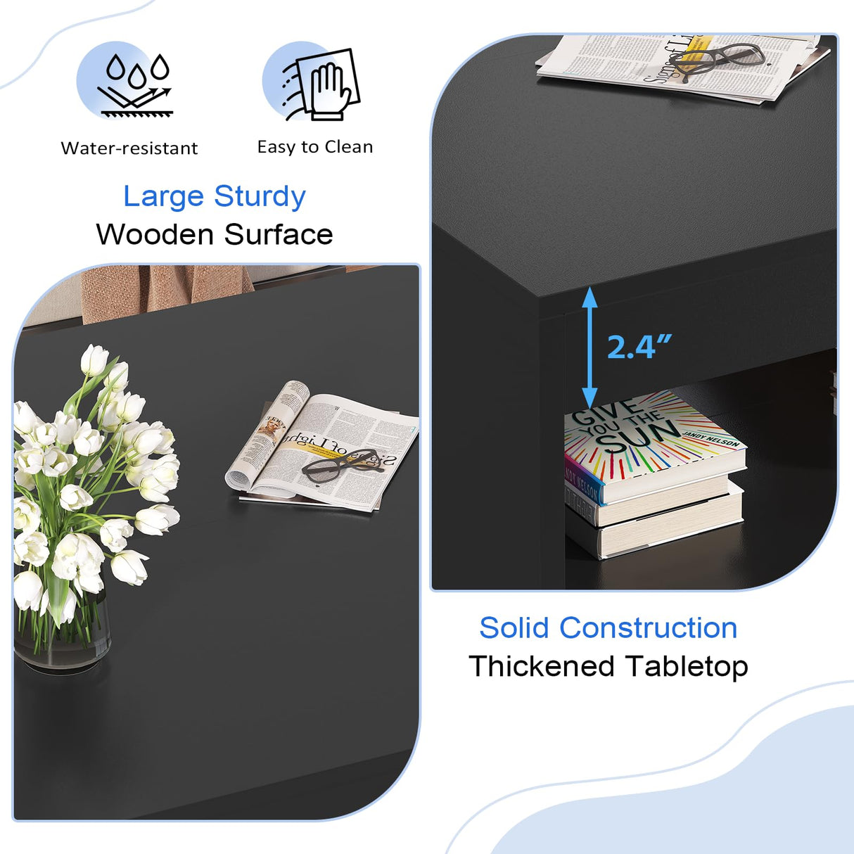 Black Coffee Table with Open Storage, Square Wood Coffee Table with LED Lights and Charging Station, Stylish Living Room Table, Modern Center Table for Living Room, Bedroom, Office Gacfiew