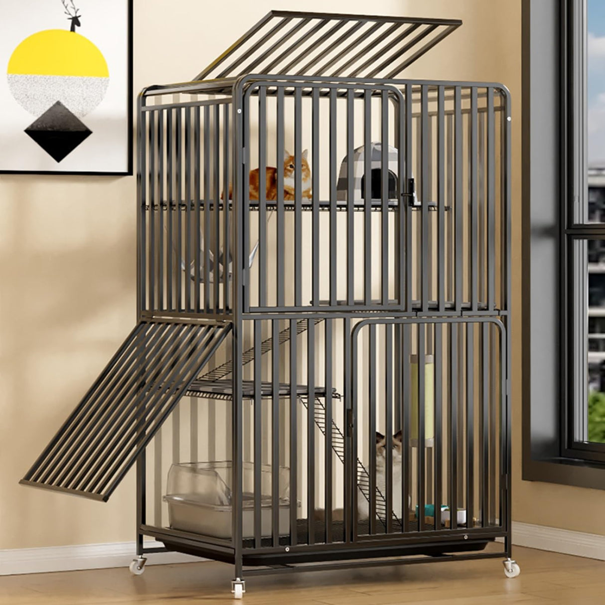 HARELA Catio Cat Enclosures Outdoor for Cats, Balcony Cat Playpen with Platforms, Wheels and Removing Tray, Ideal for Safe Play and Relaxation, for Cat Activity, for 1-3 Cats(White), 85*60*147cm HARELA