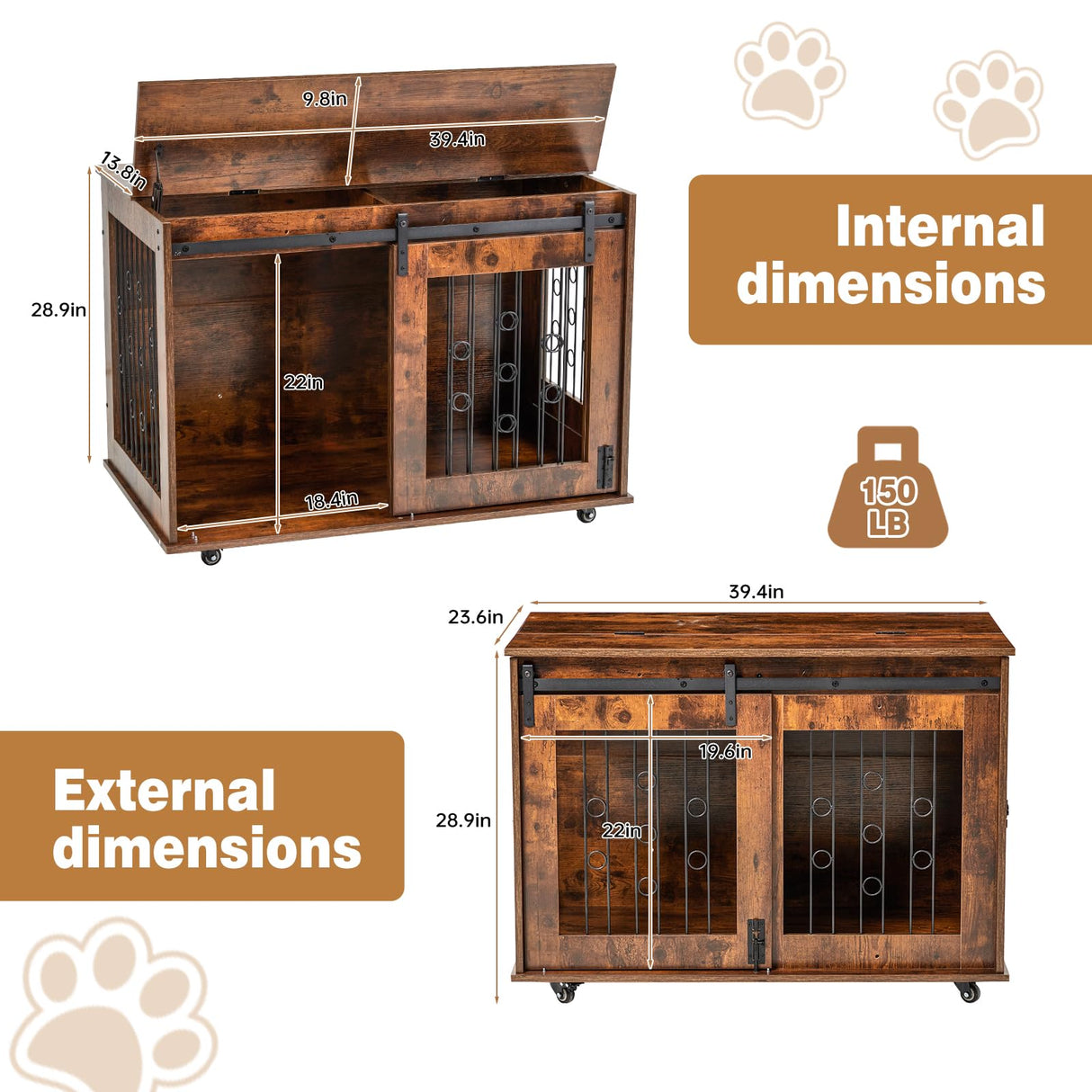 2 Rooms Dog Crate Furniture with Movable Divider,39" Wooden Dog Crate Table,Wooden Dog Kennel Pet House Cage,Flip Top 39.37”Wx25.2”Dx28.94”H GAOMON