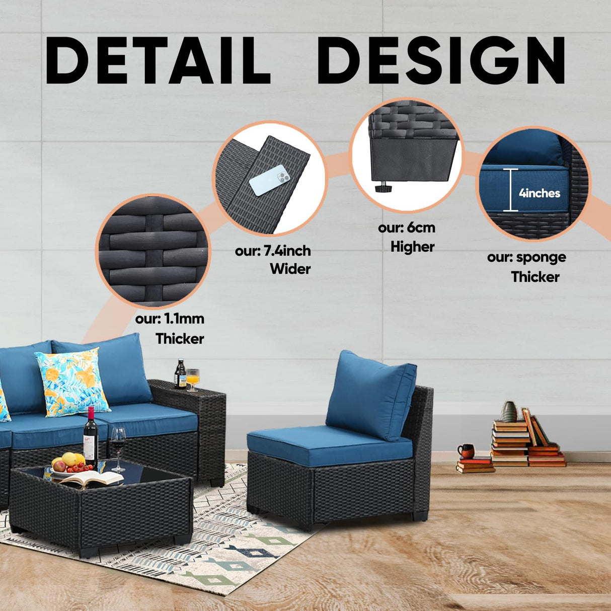 TerraRelax Patio Furniture Set 6 Pieces All Weather Patio Conversation Sets Wicker PE Rattan Outdoor Sectional Couch Sofa Set with Cushion Table for Garden, Backyard, Poolside Peacock Blue TerraRelax