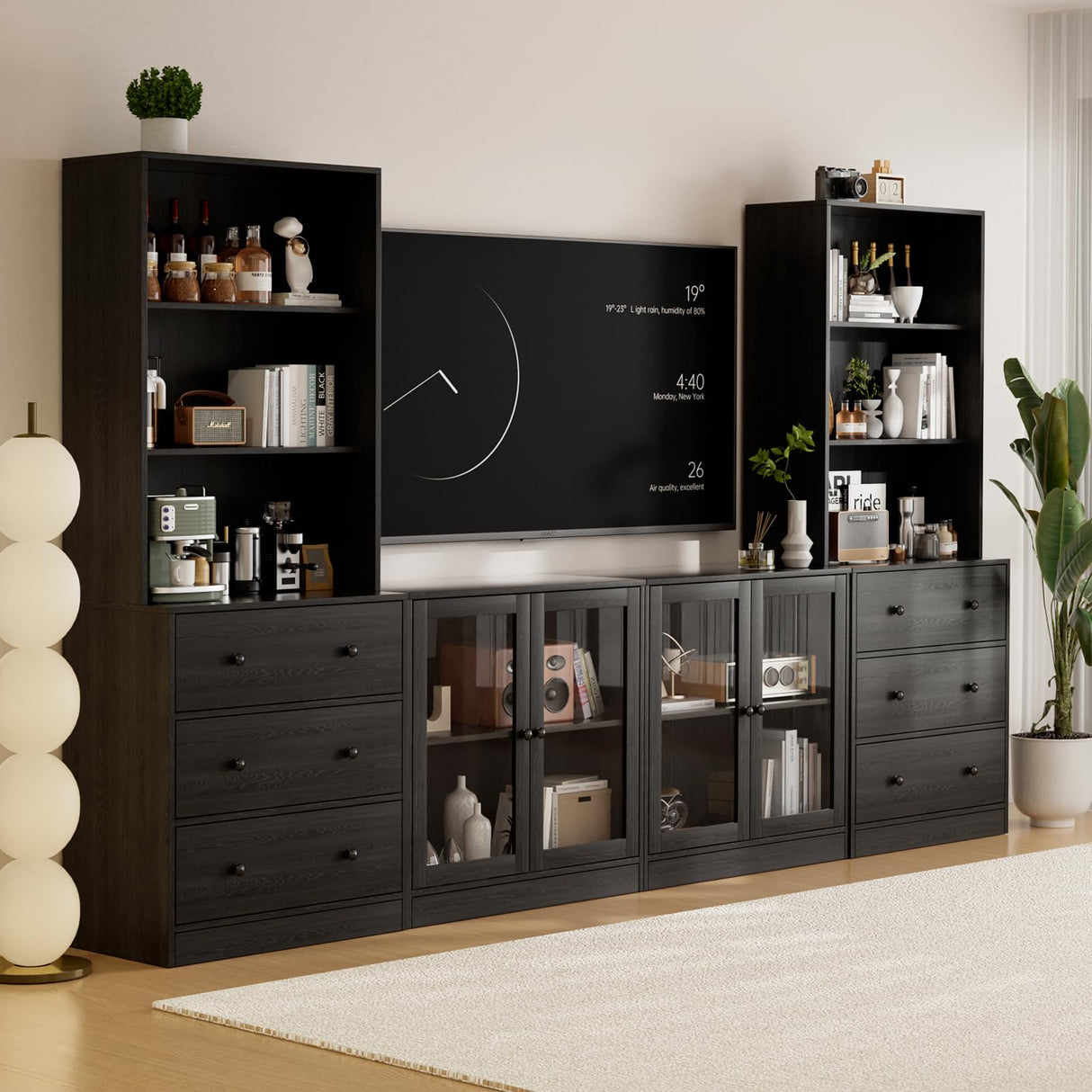 TUSY 4-Piece Large TV Stand with Bookshelves for TVs up to 75", TV Entertainment Center Media Center with Tempered Glass Doors and Shelves, TV Hutch for Living Room (Black) TUSY