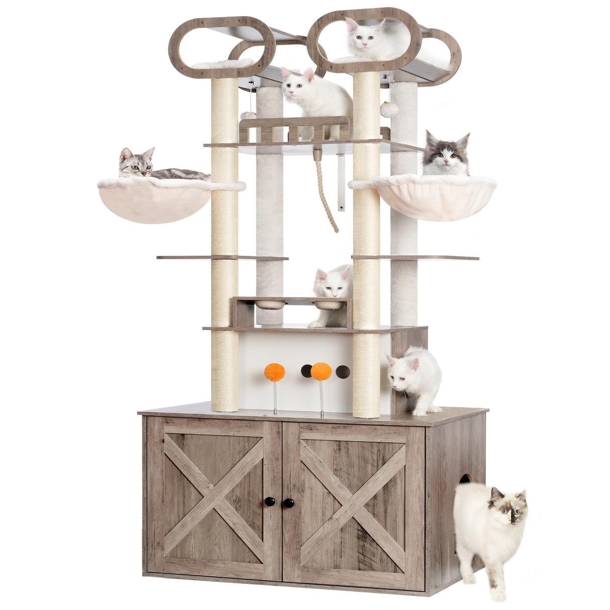 Heybly Cat Tree with Litter Box Enclosure, 76.8-inch Wooden mainecoons Cat Tower with Food Station,Extra Large Platforms, Modern Big Cat Condo Furniture with All-sisal Scratching Post, Greige HCT111SG Heybly