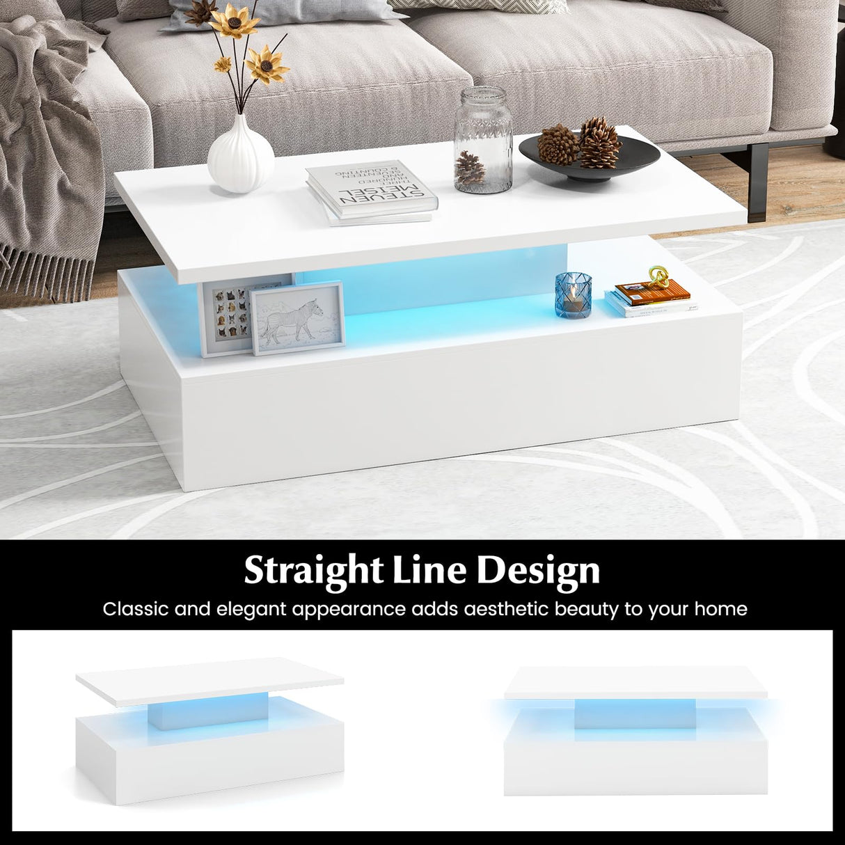 Giantex Modern LED Coffee Table - 2-Tier High Gloss Table w/Adjustable 20-Color Light, 8-Level Brightness & Speed, Remote Control, Contemporary 43.5”L Rectangular Center Table for Living Room (White) Giantex