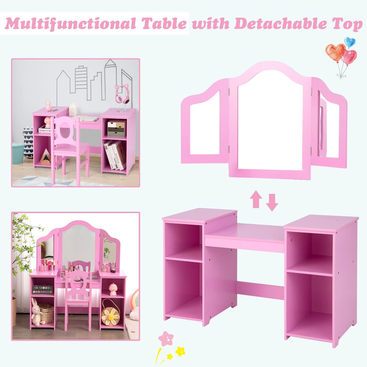 INFANS Kids Vanity, 2 in 1 Princess Makeup Desk & Chair Set with Tri-Folding Detachable Mirror, Large Storage Shelves, Wooden Pretend Play Dressing INFANS