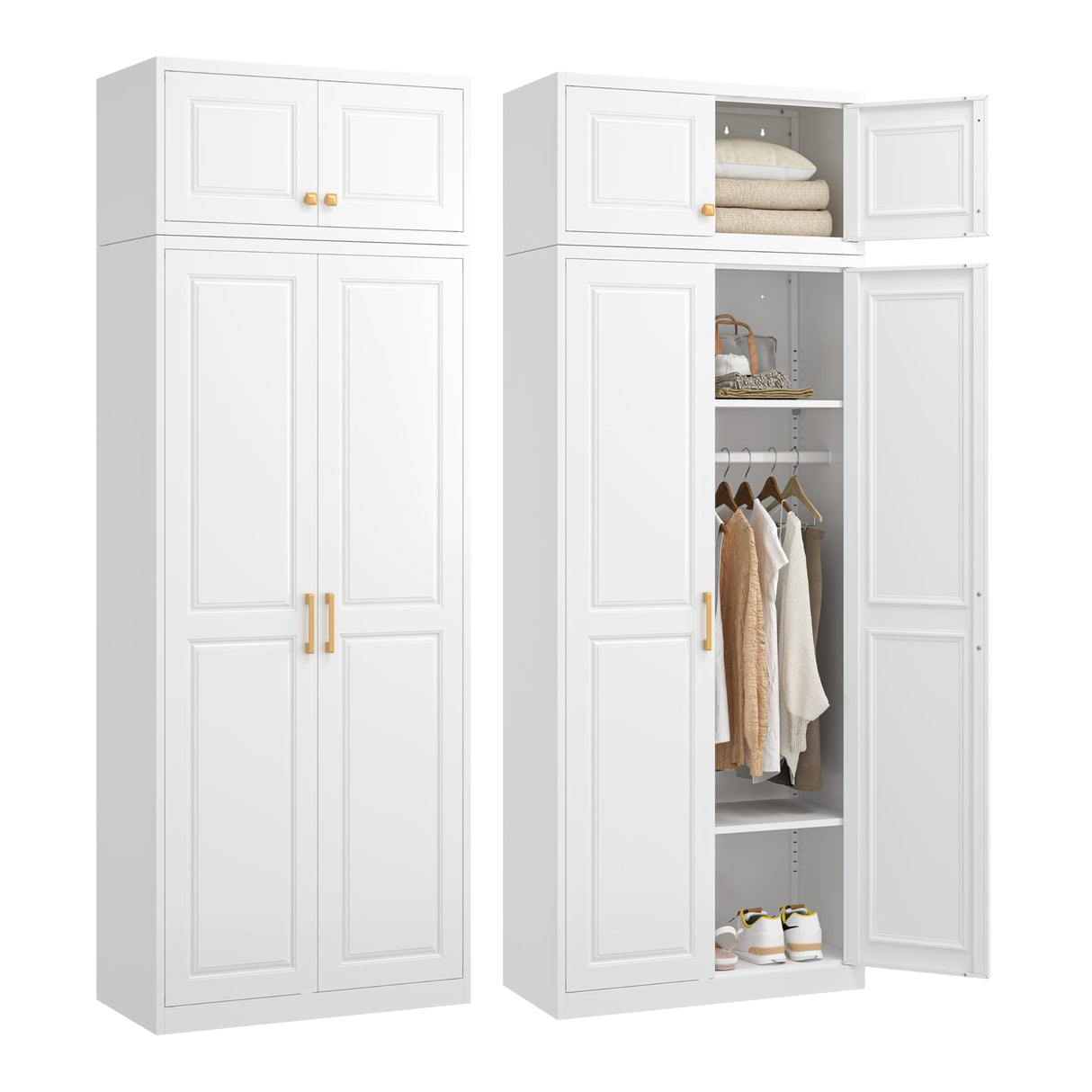 TIMELESS PIECES 86" Metal Wardrobe Cabinets,Armoire Wardrobe Closet with Hanging Rod,Clothes Storage Cabinet with Adjustable Shelves and Doors,Clothing Cabinet for Bedroom, Laundry Room,Office TIMELESS PIECES