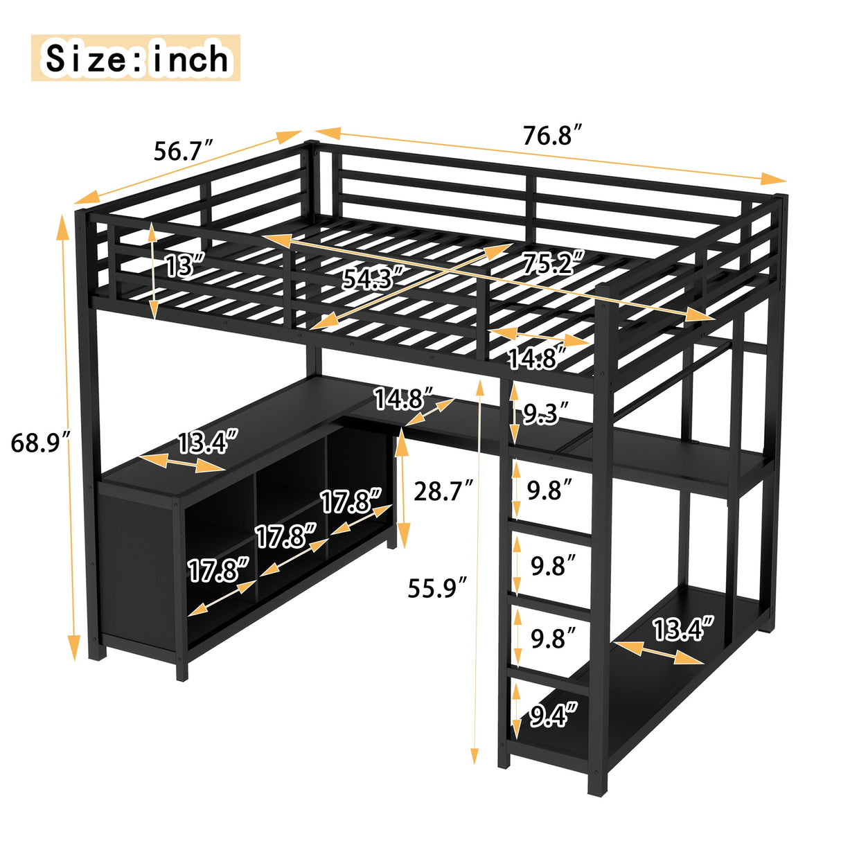 Bellemave Full Size loft Bed with L Desk, Wardrobe, Metal Full Loft Bed Frame for Adults, Kids, Teens, Black Bellemave