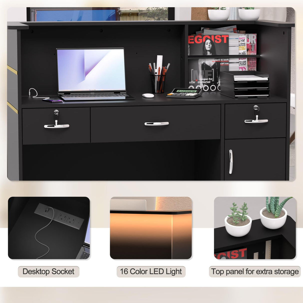 AHB Reception Desk with Counter, Modern Front Table Equipped Lockers & Storage Shelves, 50-inch Checkout Counter with LED Lights & DIY Stripe for Lobbies, Salons, Retail, Home Offices, Reception Room AHB