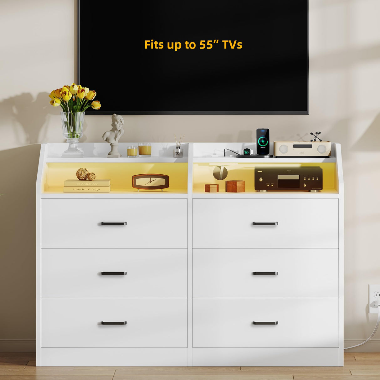 DWVO 6 Drawer Dresser with LED Light and Charging Station, Modern Chest of Drawers, Wide Drawer Organizer Cabinet for Living Room, Entryway, Hallway DWVO