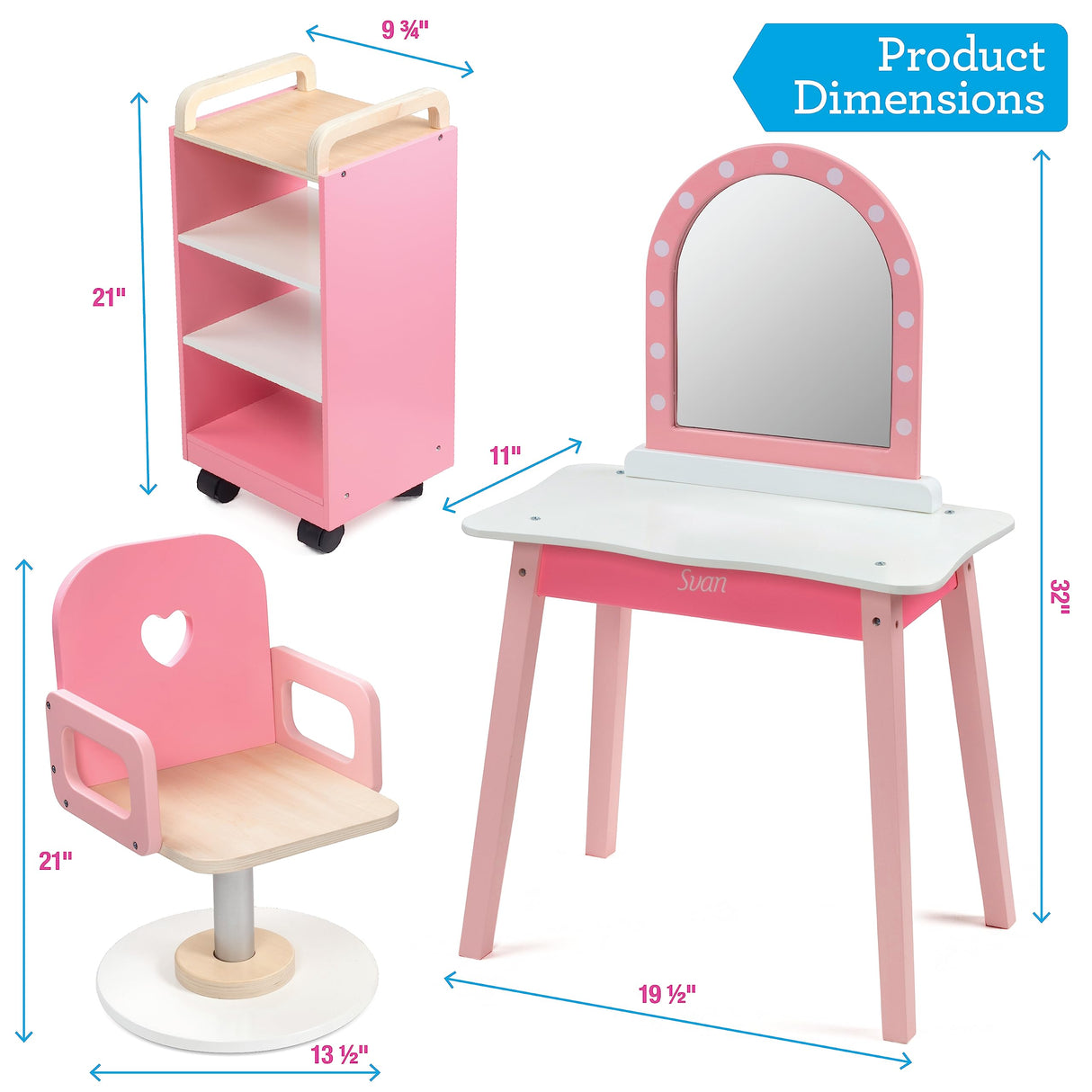 Pretend Hair Salon Wooden Play Set - Full Vanity Mirror Playset w Chair & Rolling Cart- Includes Blow Dryer, Brush, Styling, Cutting Tools & More - Hair Dresser Stylist Fun, Beauty Care for Girls Kids Svan
