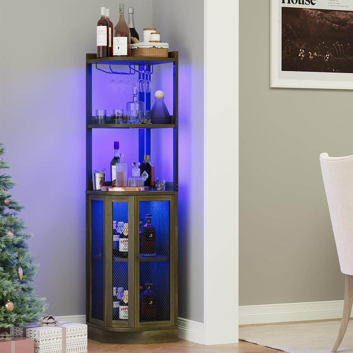 EOYUTLLY Corner Bar Cabinet with Power Outlet and LED Strip, 5-Tier Corner Liquor Wine Display Cabinet for Home, Storage Solution, for Living Room, Kitchen, Home, Gray EOYUTLLY