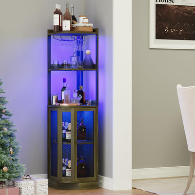 EOYUTLLY Corner Bar Cabinet with Power Outlet and LED Strip, 5-Tier Corner Liquor Wine Display Cabinet for Home, Storage Solution, for Living Room, Kitchen, Home, Gray