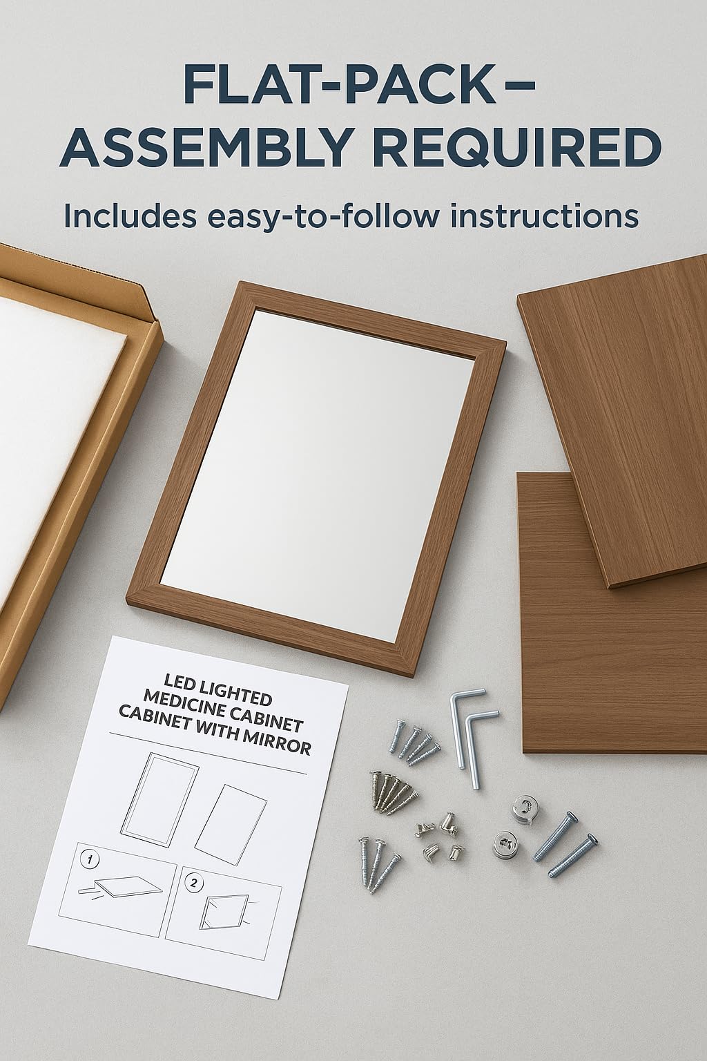 Réflexon 28x20 inch LED Lighted Medicine Cabinet with Mirror, Moisture-Resistant Wood, Stepless Dimmable, 3000K/5500K, Defogger, Adjustable Shelf, Flat-Pack Design – Assembly Required (Walnut) Réflexon