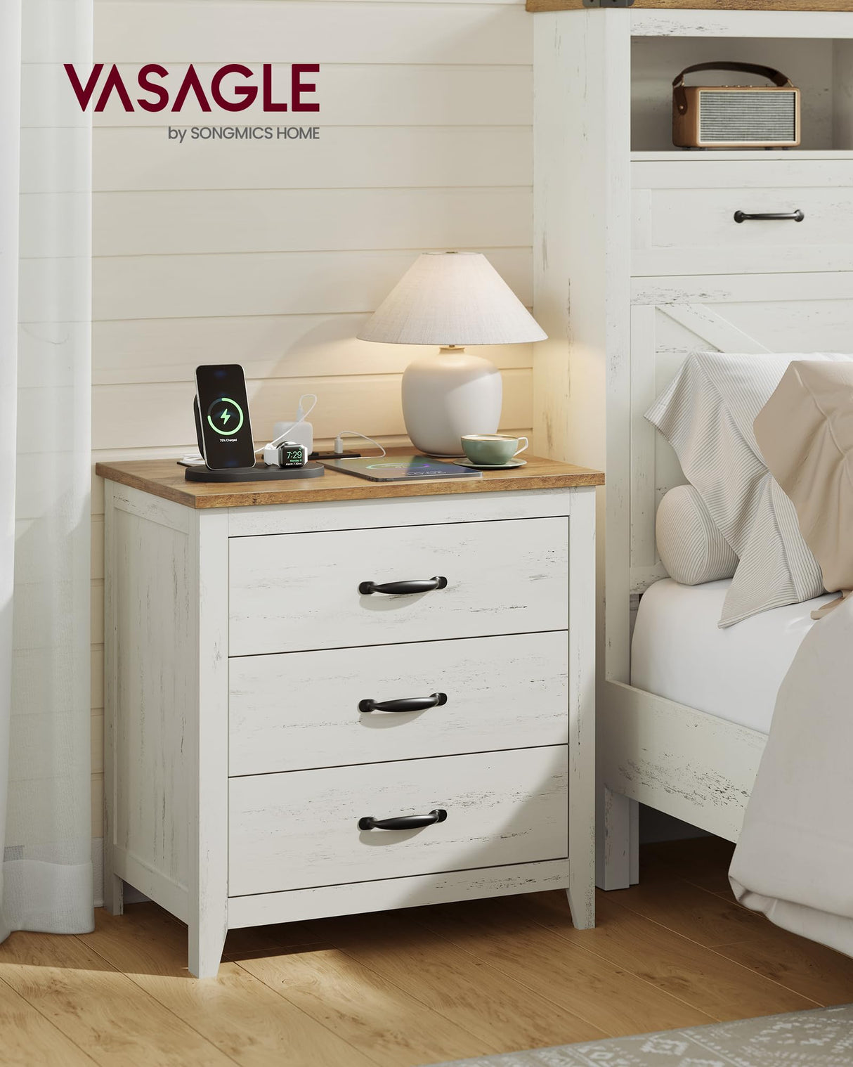 VASAGLE LIRY Collection - Farmhouse Nightstand with Charging Station, Bedside Table, Side End Table with 3 Drawers, for Bedroom, Rustic White and Honey Brown ULET679W01 VASAGLE